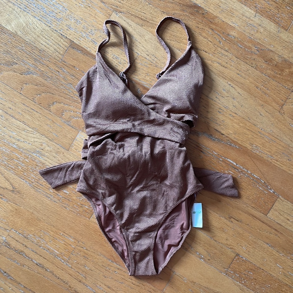 NWT Aerie, Shine Pique Wrap One Piece Swimsuit, Women’s, Small, Horizon / Brown